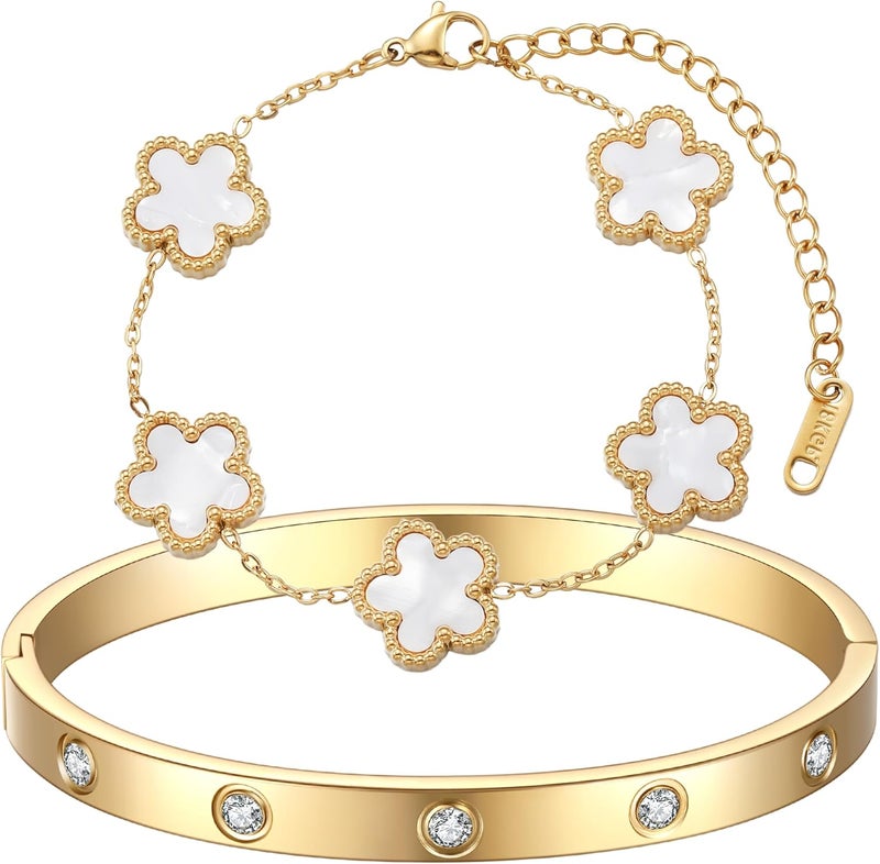 Funio 18K Gold Plated Clover Bracelet Love bangle Set for Women - Stack Friendship Bracelet Lucky Link Bracelets Jewelry Gifts Trendy for Women - Image 1